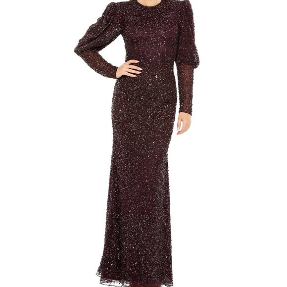 Mac Duggal Blackberry Purple Sequin Beaded Juliet Sleeve Gown